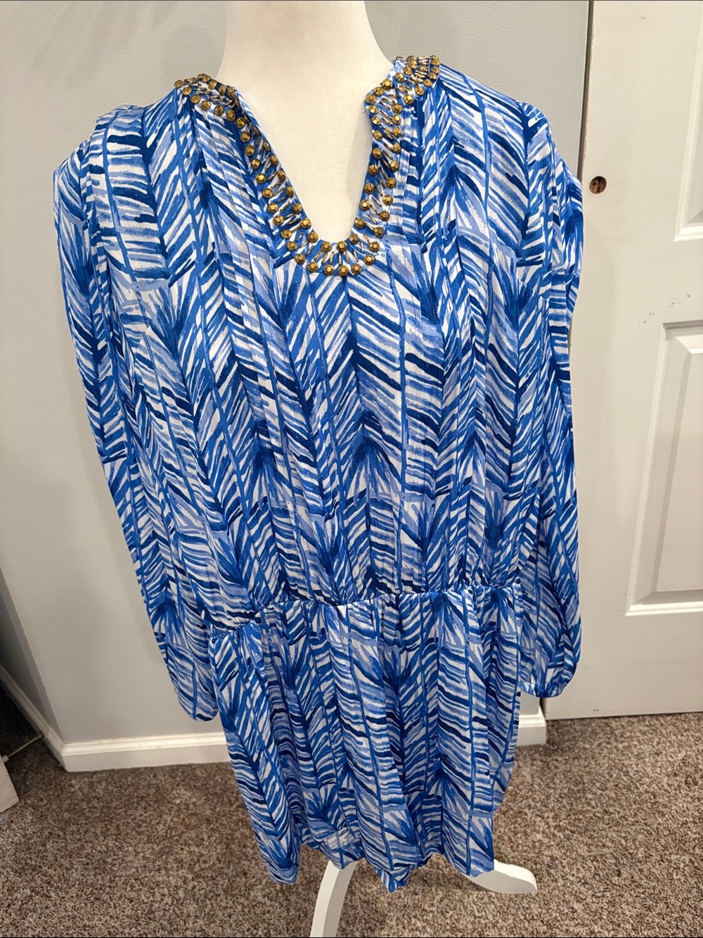 Lilly Pulitzer Blue Printed Long Sleeve Beaded V-Neck Romper Size M
